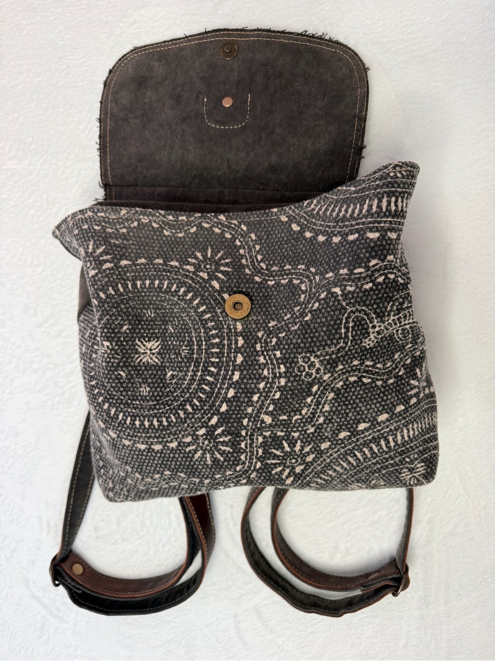 Myra Bag Carry Me Backpack Bag Cow Hide Pont Hair Bandana Print Canvas Leather - Picture 3 of 7